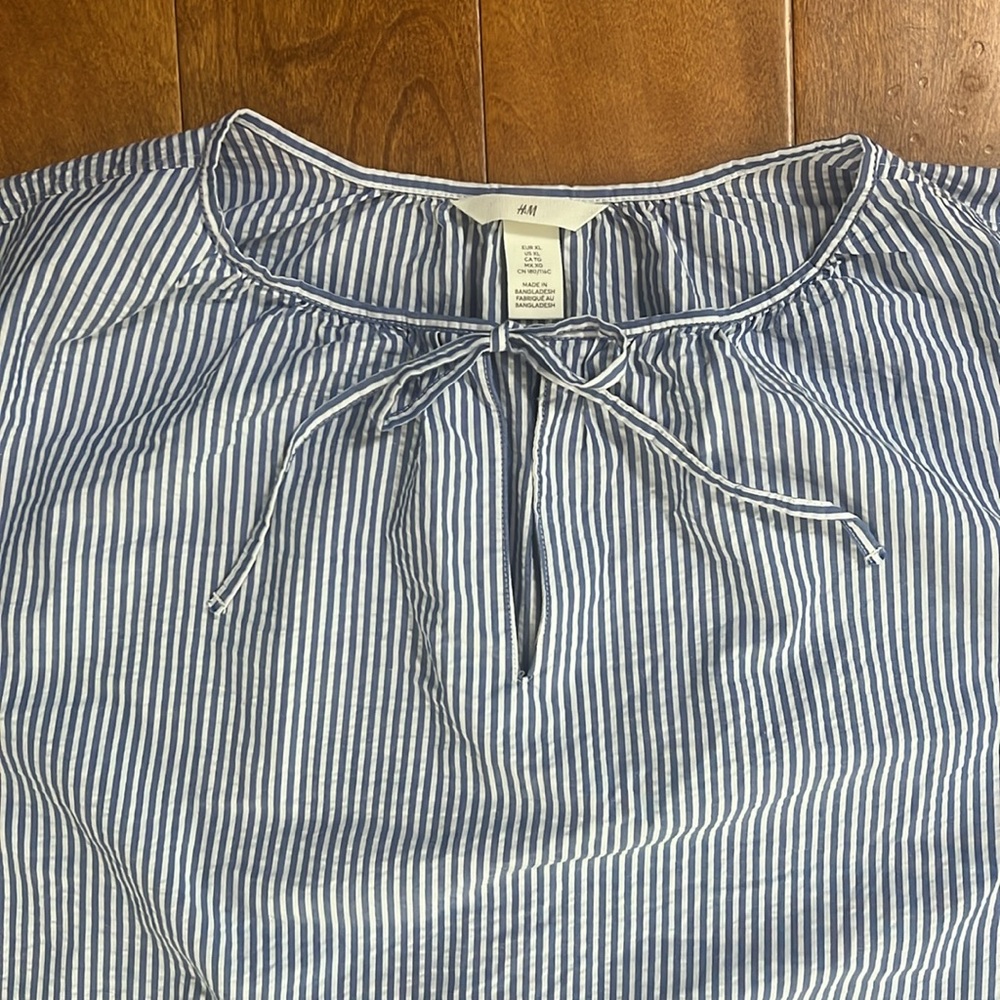 H&M Stripped Dress Size XL Blue Peplum Nautical Coastal Resort Travel Beach - Picture 2 of 12